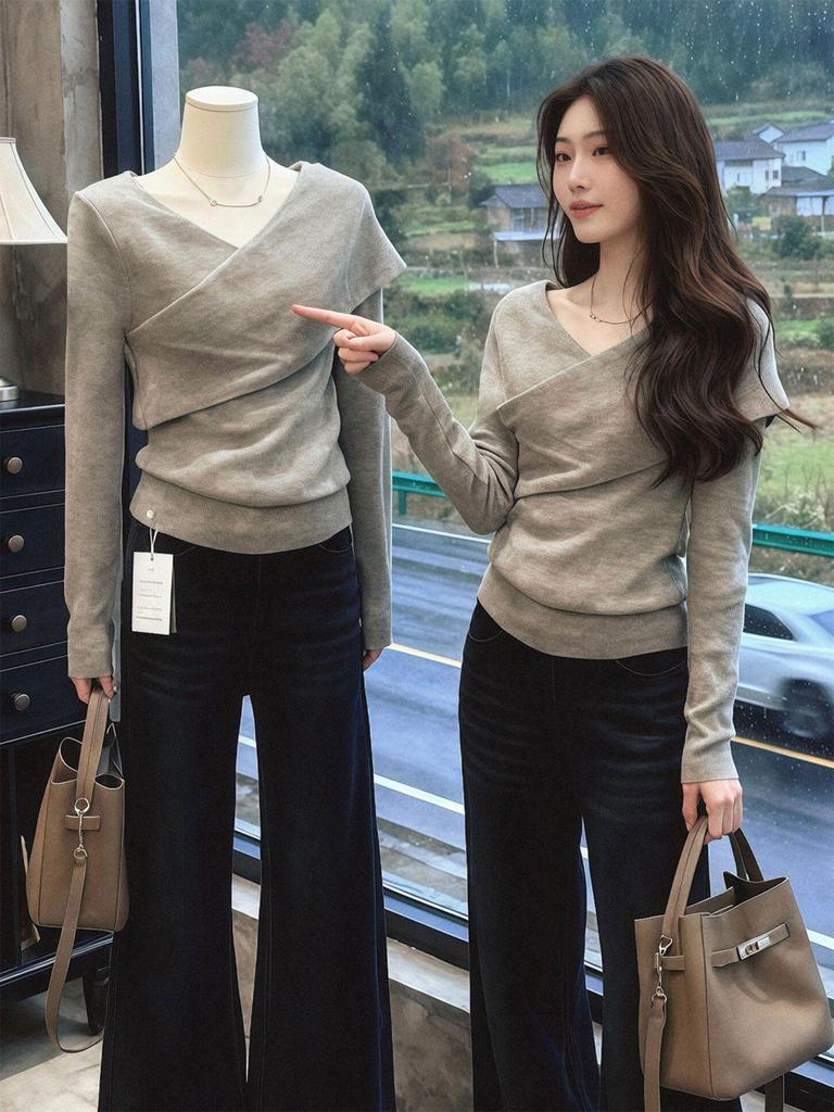 Korean V-Neck Long Sleeve Slimming T-Shirt for Women - Spring, Autumn, Winter