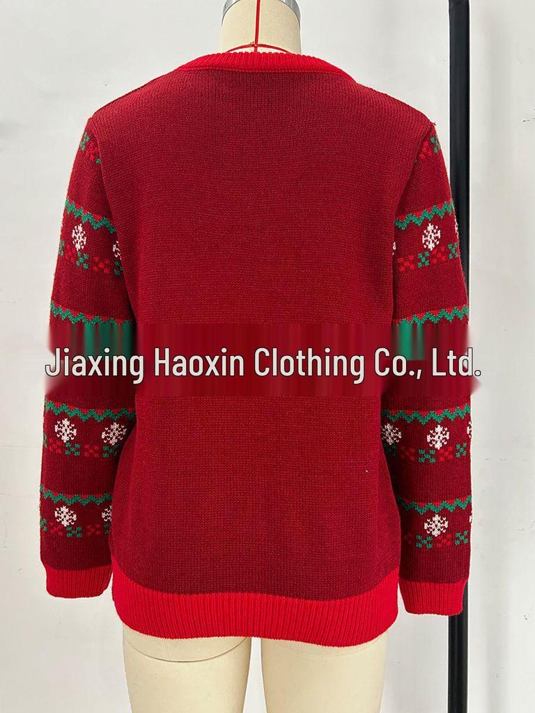 Women's Christmas LED Knit Sweater: European & American Style, Round Neck, Santa Claus & Christmas Tree Jacquard Design