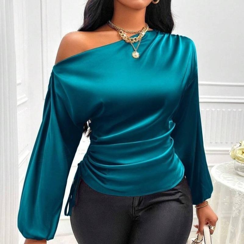 Fashion Elegant Skew Collar Loose Women's Shirts Spring and Summer Long Sleeve Lady Casual Blouses Tops Simple Asymmetric Shirt Female Clothing 26400