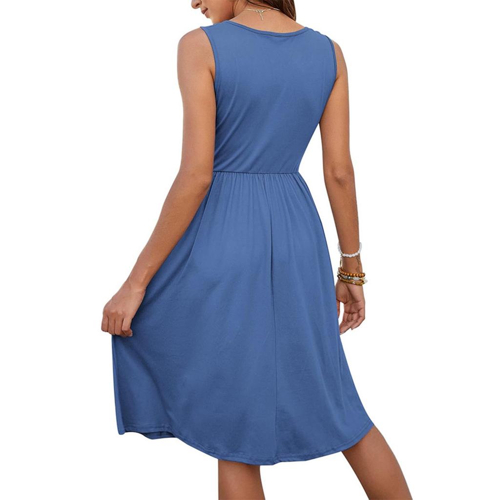 Women's Fashion Casual Solid Color Sleeveless V-Neck Buttoned Dress With Pockets