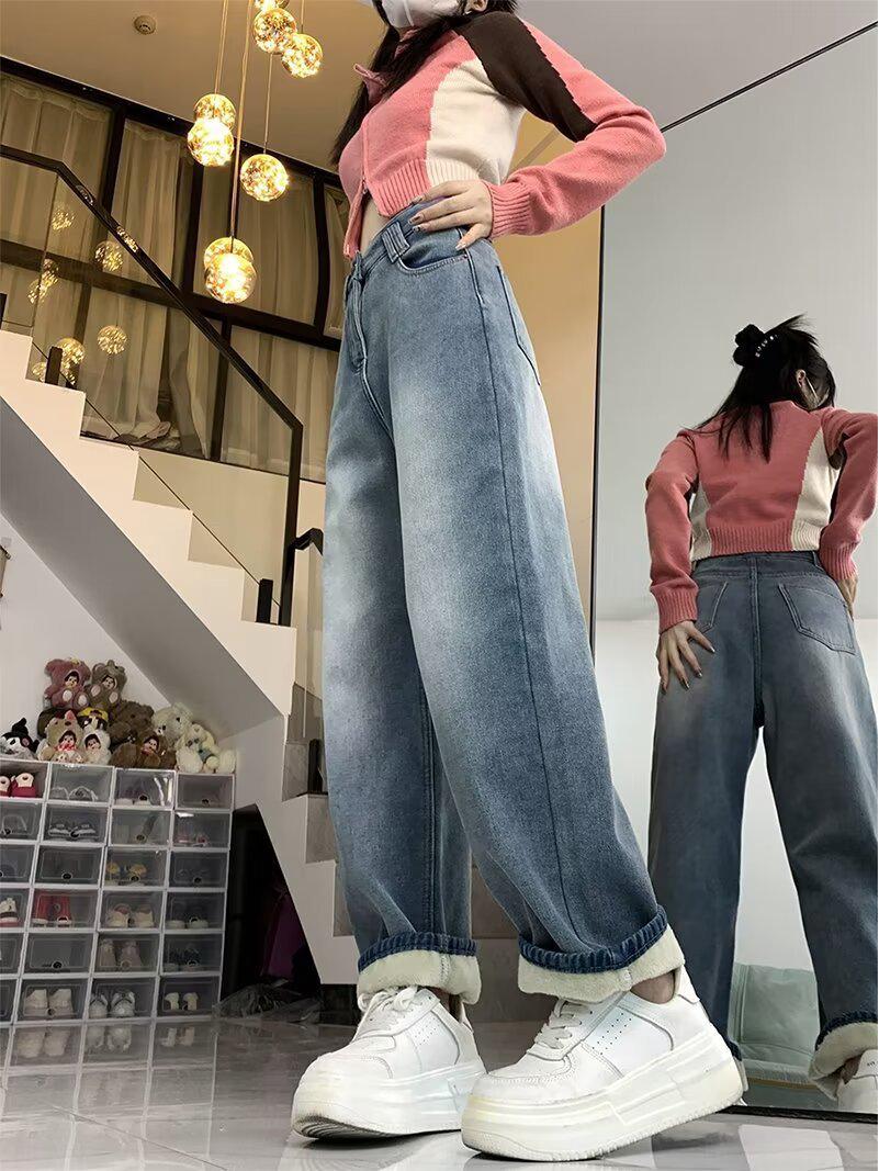 

2025 High Waist Thickened Velvet Wide-Leg Jeans for Women - Plus Size, Autumn/Winter 3XL