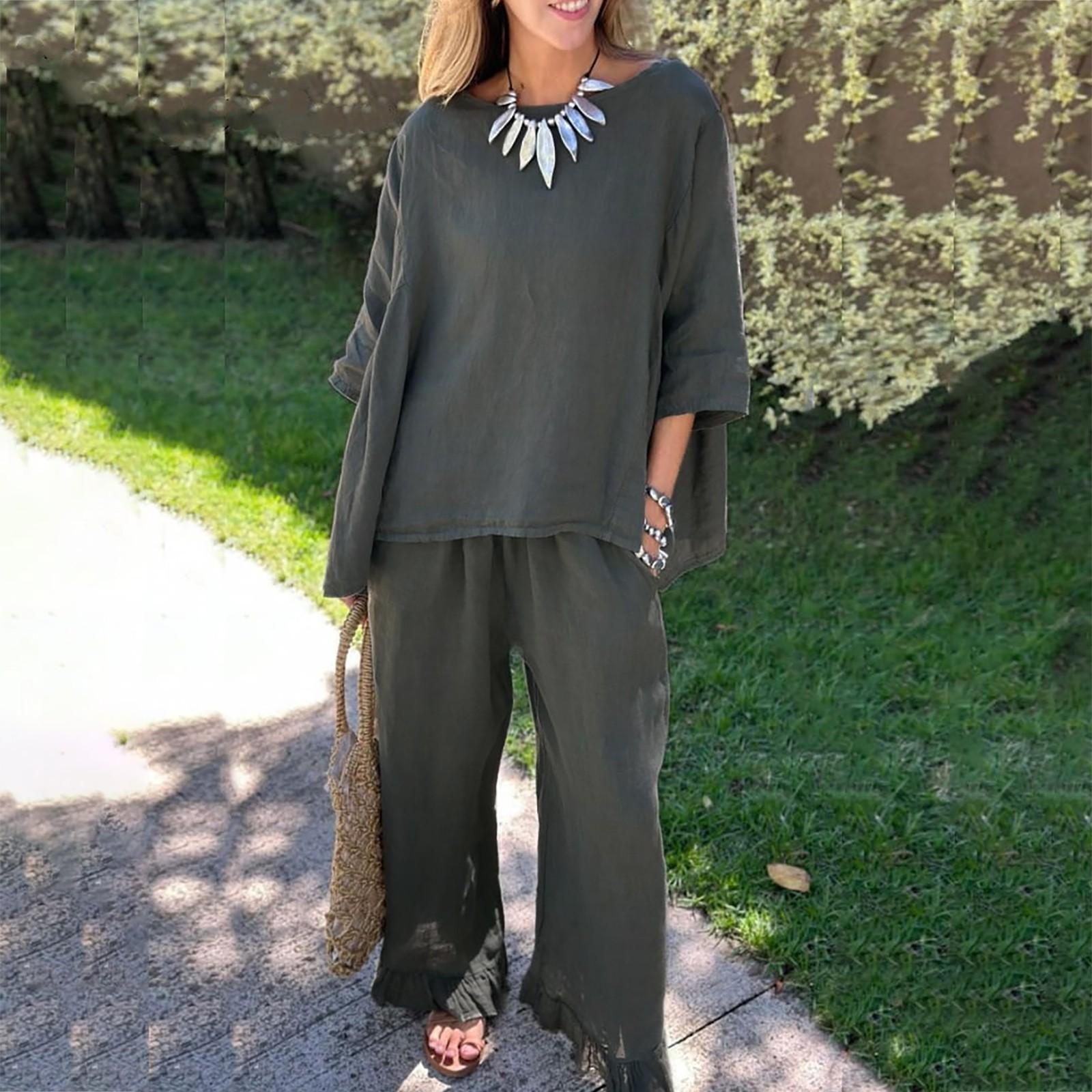 

Новые осенние женские однотонные свободные повседневные брюки из хлопка и льна, костюм из двух предметов XXXL