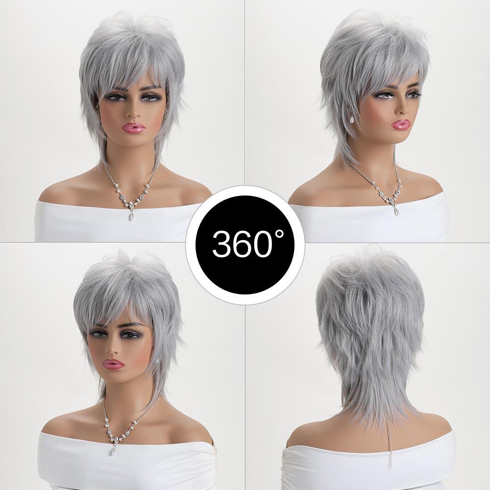 

Жіночі короткі багатошарові сріблясто-сірі модні синтетичні коричневі хвилясті перуки з чубчиком для щоденного косплею Лоліти, термостійке волокно сірий колір