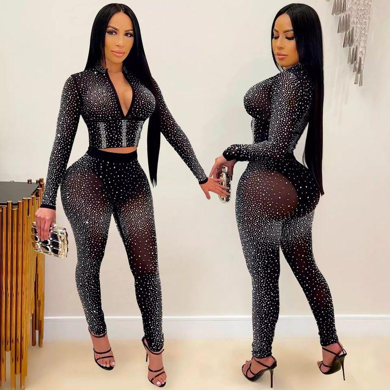 

Cross-Border European and American Women s Clothing Fashion Sexy Skinny Mesh Sheer Long Sleeve Hot Drilling Two-piece Set Blouse and Pants Female OS6679 Silver S