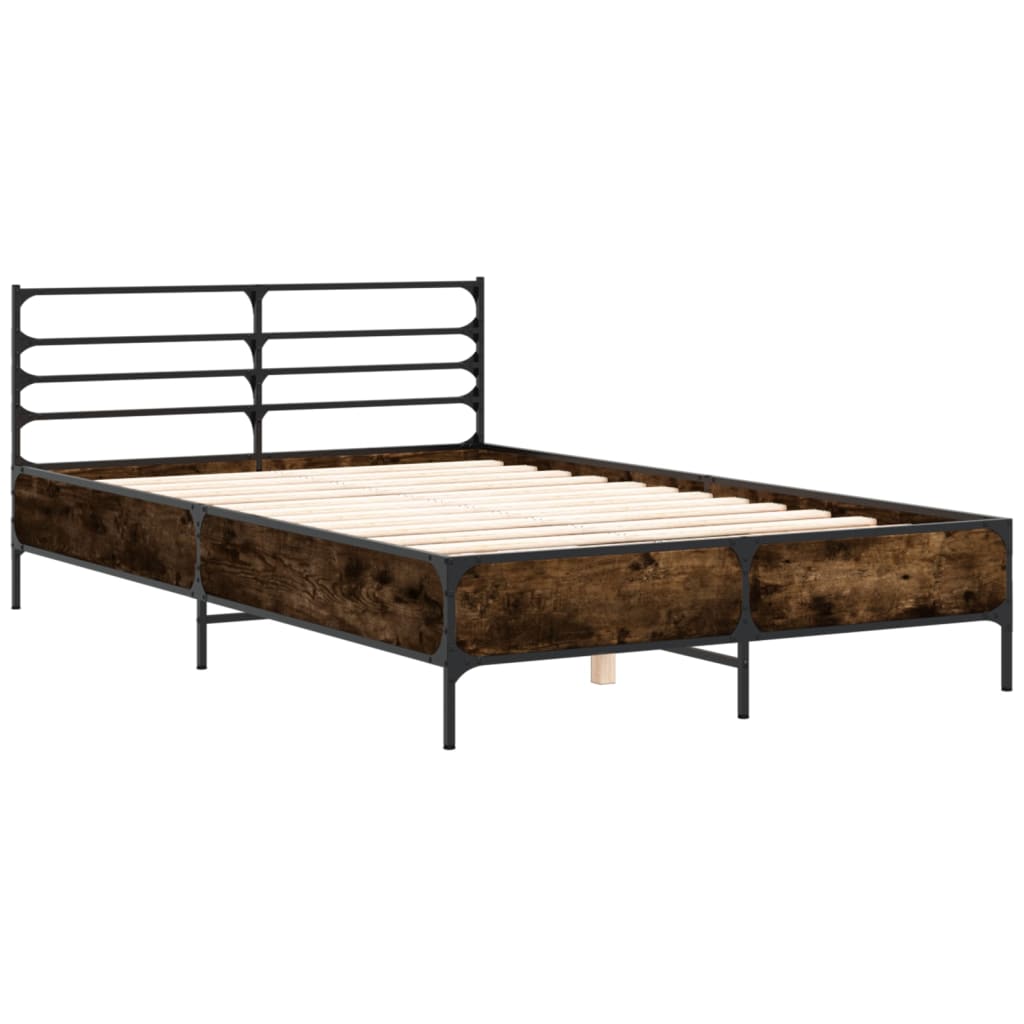 Bed Frame Smoked Oak 135 x 190 cm Wood Based Panel and Metal
