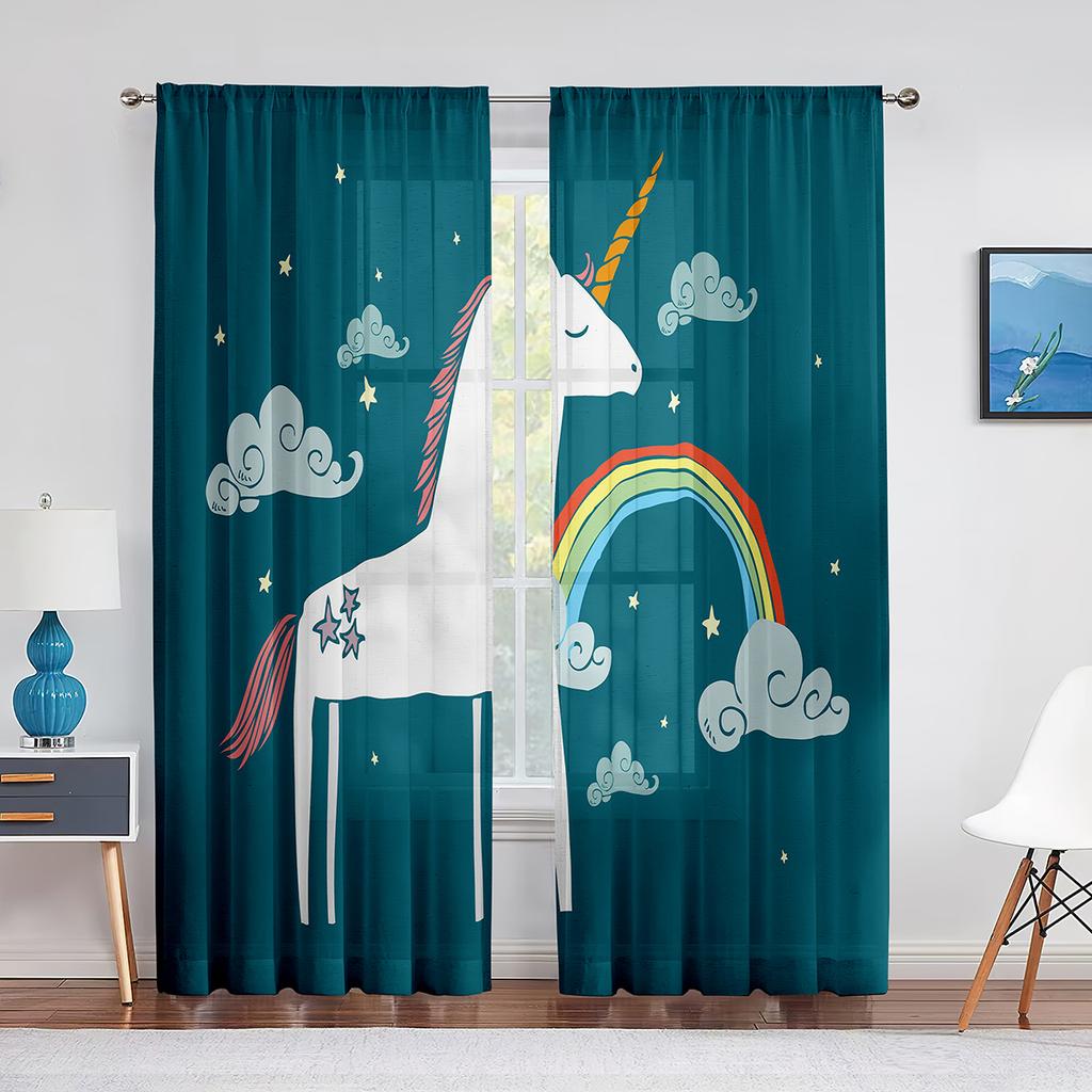 Colorful Unicorn Rainbow Print Pattern Sheer Voile Curtains for Bedroom Living Room Kitchen Decor Chiffon Tulle Windows Curtain