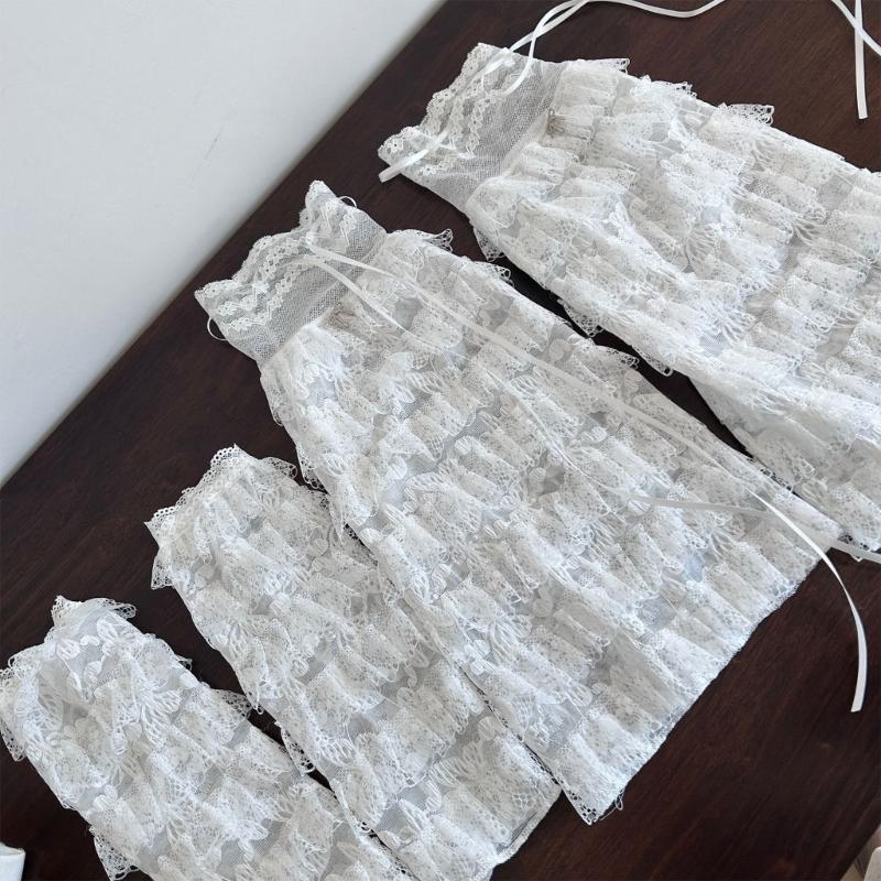 Aesthetic Elegant Tiered Ruffle Lace Leg Warmers for Women Mesh Leg Sleeves Covers Footless Socks with Ribbon Bowknot