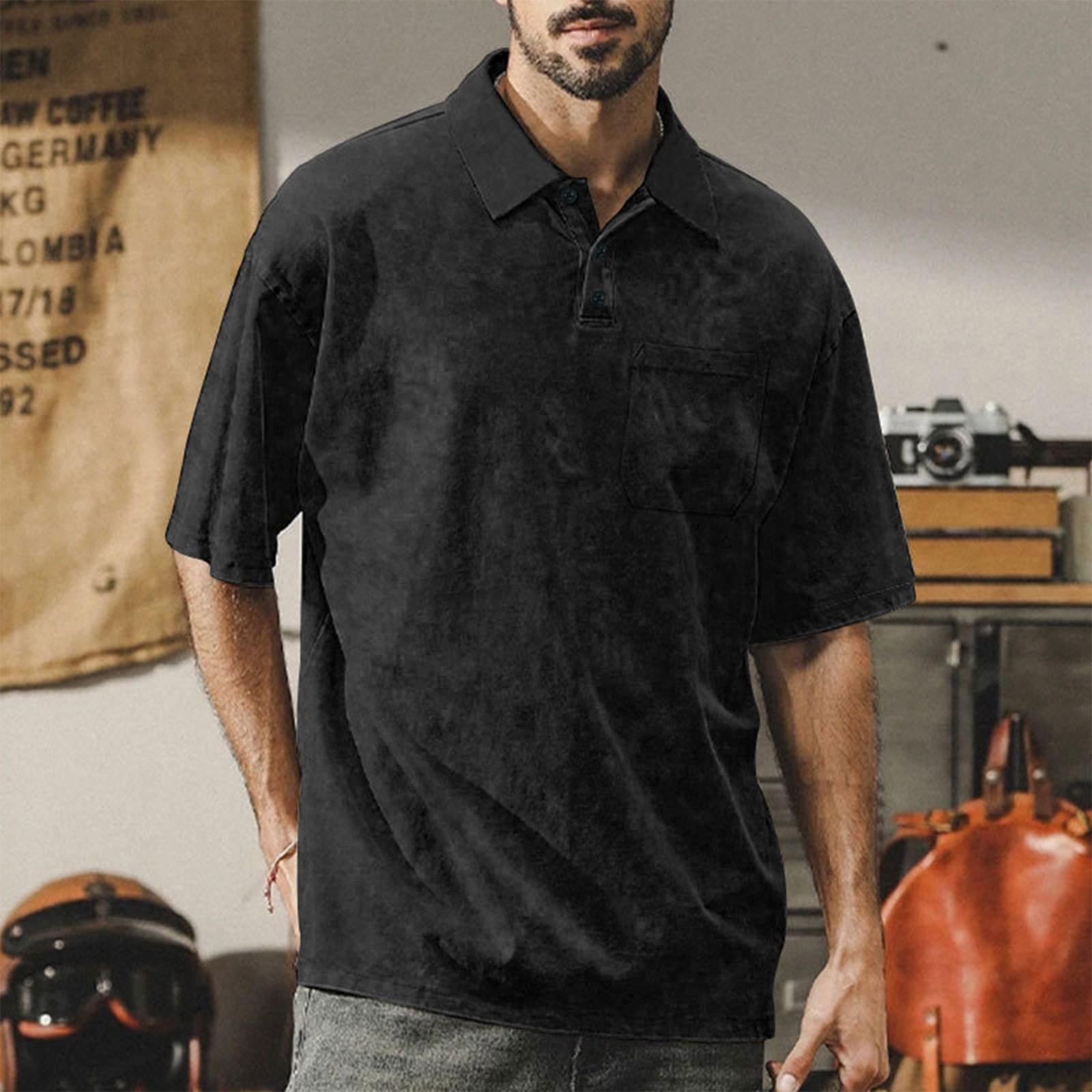 

Мужская свободная повседневная футболка с короткими рукавами и пуговицами в стиле ретро XL чёрный