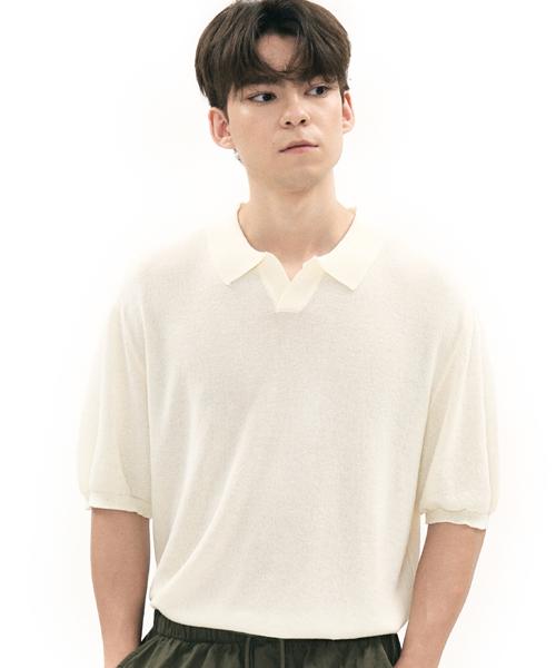 White Open Collar Linen Knit White