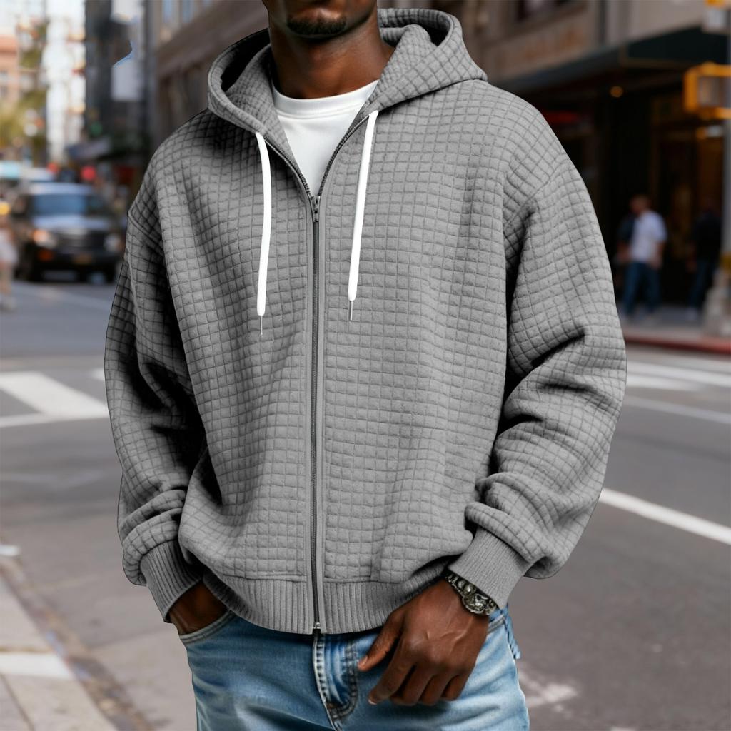 Men's Zip-Up Hooded Plaid Jacket- Drawstring Casual Sports Sweatshirt