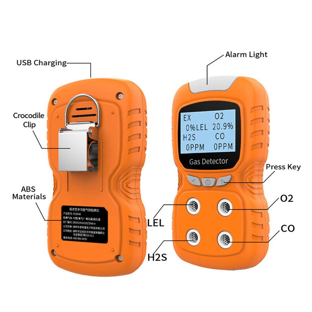 4-in-1 Gasdetektor CO H2S O2 Analysator Wiederaufladbar LCD-Display Ton Licht Vibration Alarm Qualität