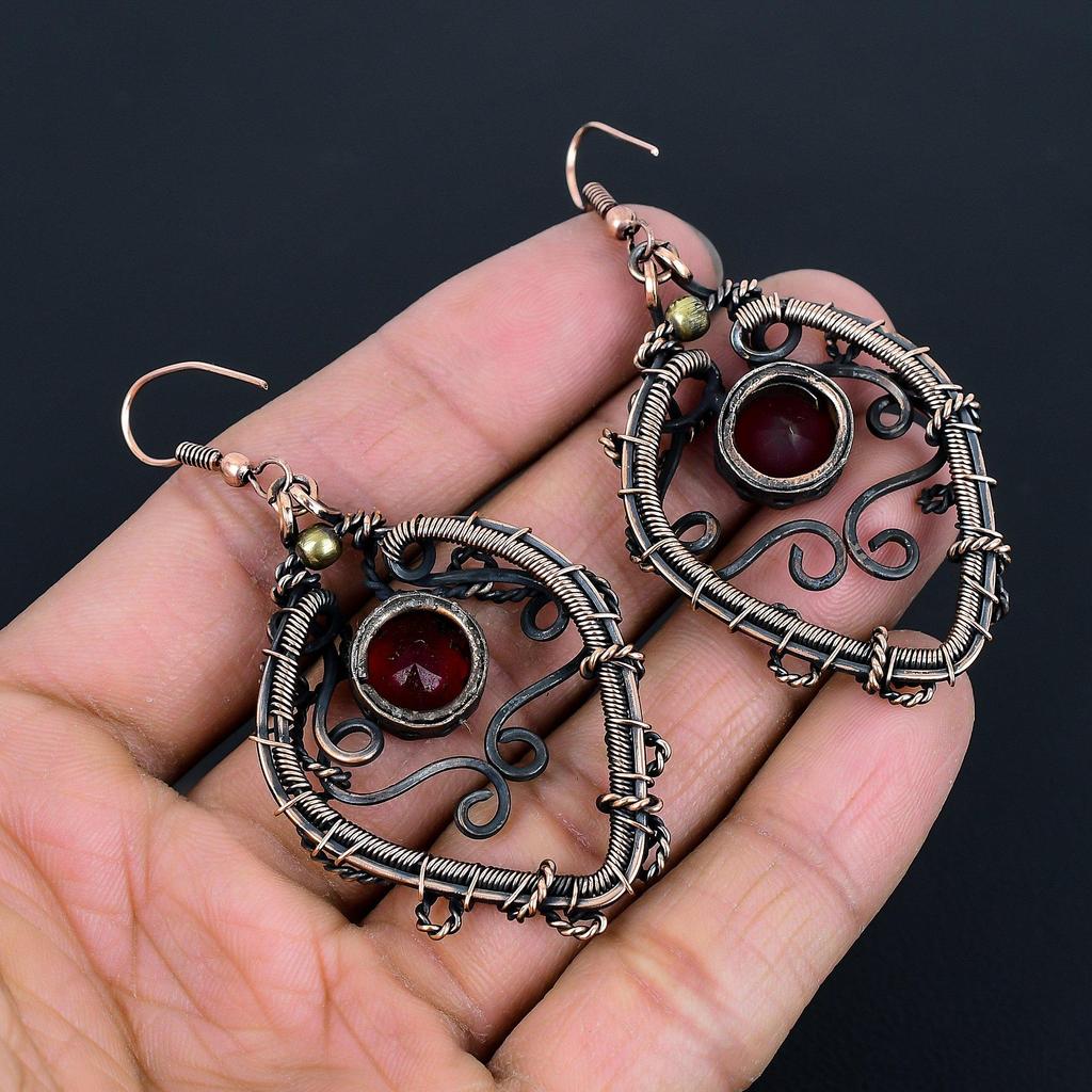 Red Garnet Jewelry, 999 Copper Wire Wrapped Earrings, Handmade Gemstone Jewelry Earrings For Memorial Day