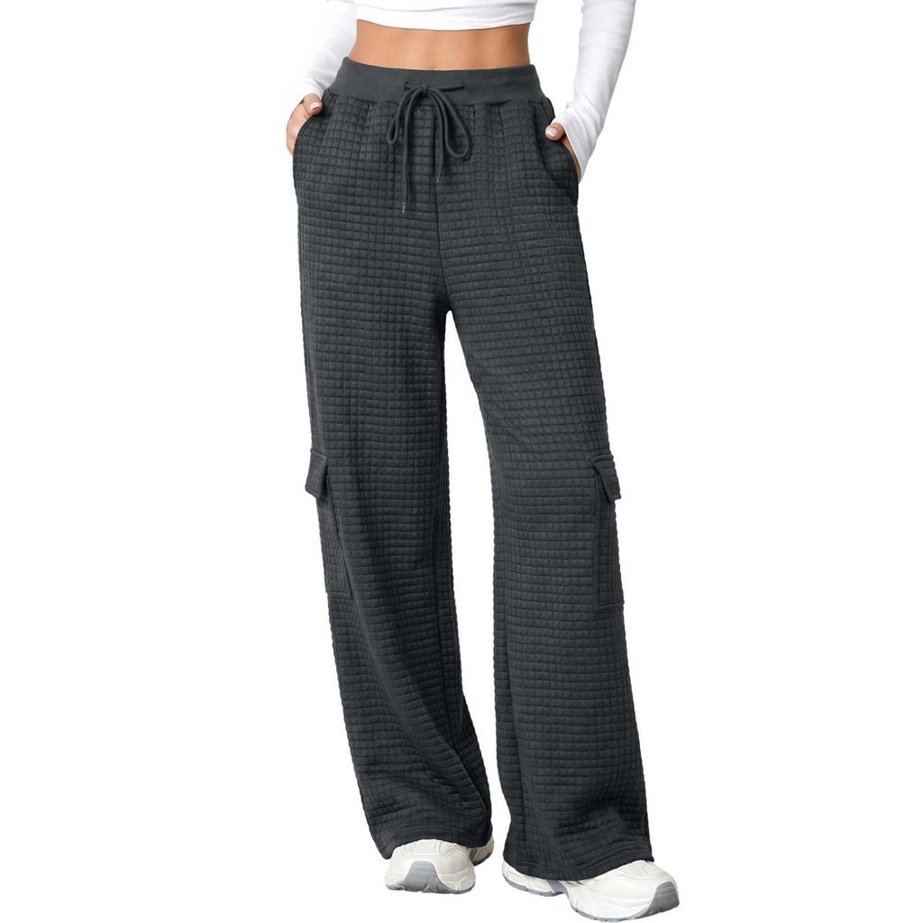 Women Block Texture Wide Leg Sweatpants Cargo Pants with Pockets |