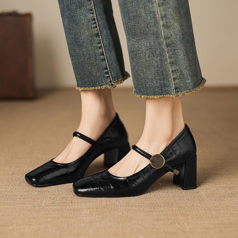 Sheepskin Simple Commuter Professional High Heels Square Head Strap Single Shoe 6.5CM