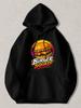 Black Pullover Hoodie with Retro Burger Squad Graphic Vibrant Sunset And Palm Tree Design Casual Streetwear Sweatshirt for Daily W