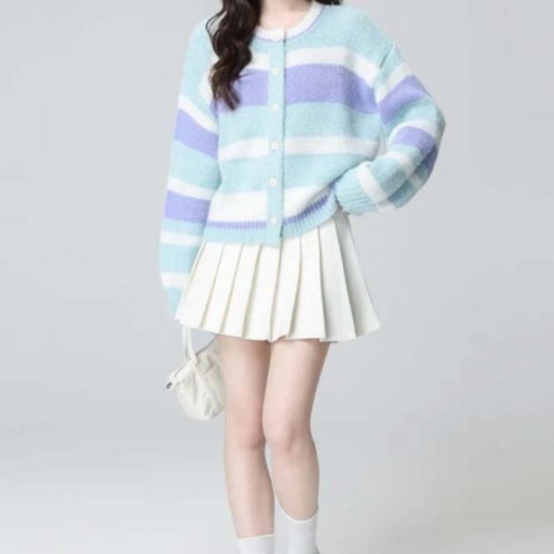 Ladies' Colorful Striped Knitted Cardigan Women's Round Neck Button Up Long Sleeved Sweater Autumn New Loose Casual Top