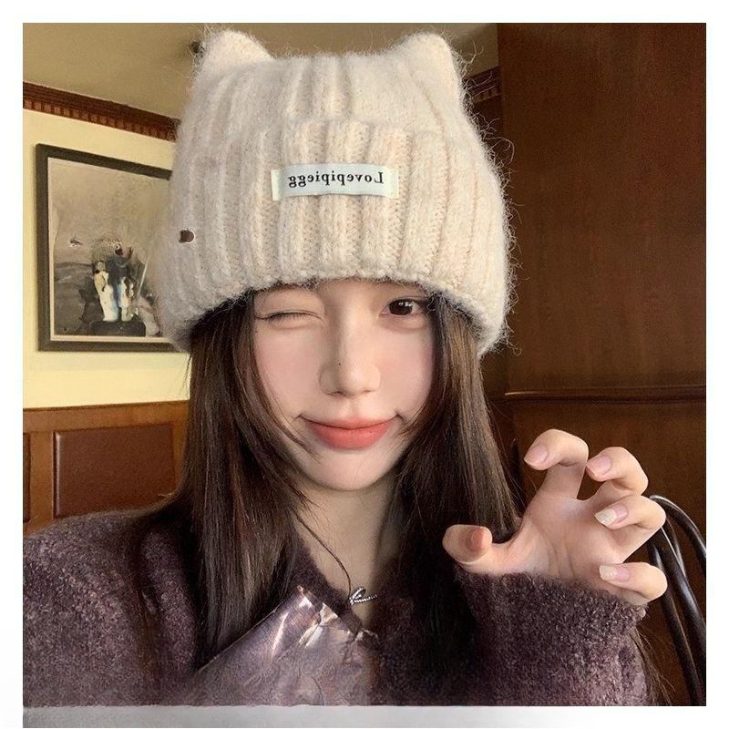 Autumn and Winter Women's Temperament Cat Ear Knitted Hat Korean Version Warmth Thick Pullover Hat Outdoor Riding Ear Protection Cute Trend