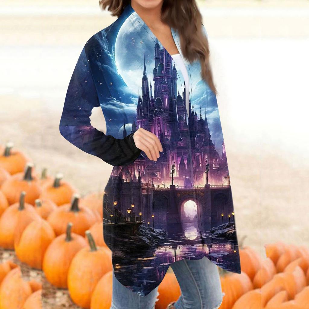 Women's Fashion Casual Halloween Print Medium Length Cardigan Jacket Coat