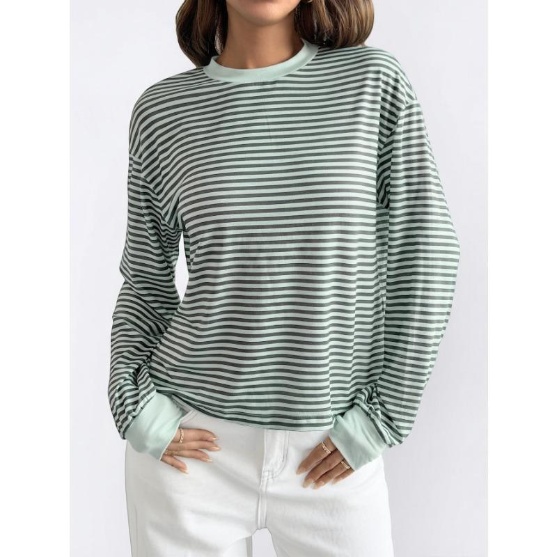 Womens Striped Crew Neck Long Sleeve T Shirt S зелёный