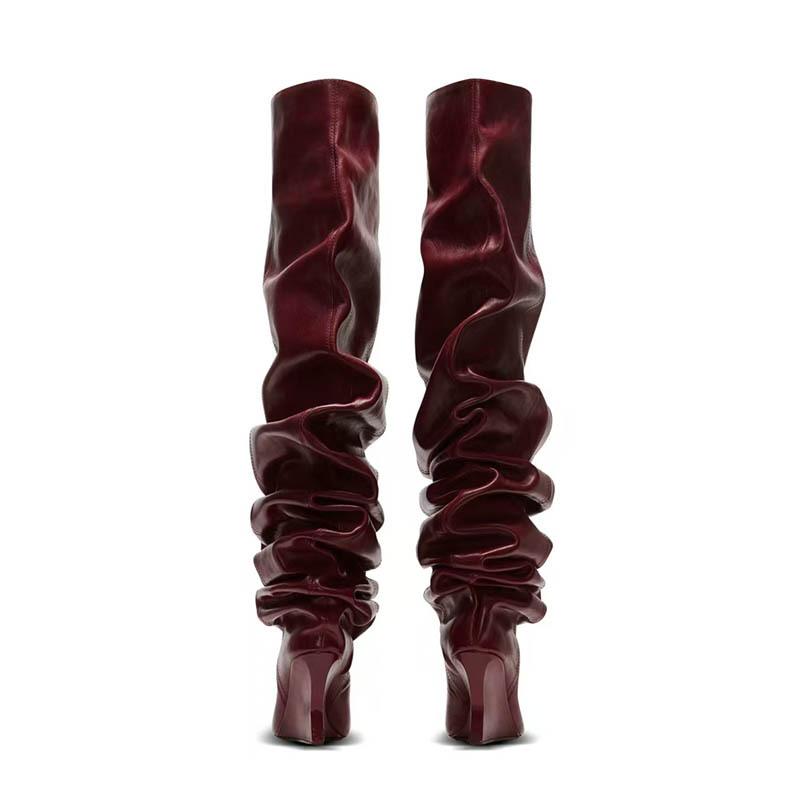 Women Pointed Toe Wedges Wrinkles Boots Leather Over The Knee Boots Classic Sexy Ladies High Heels Short Boots For Women