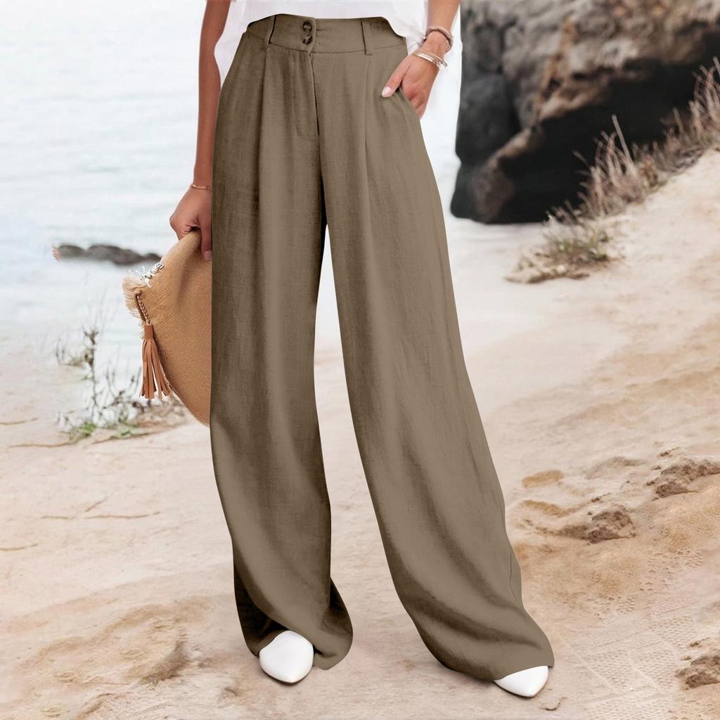Women's Linen Pants Casual Loose Wide Leg Pants Women's Elastic Waist Wide Leg Pants With Pockets Trousers