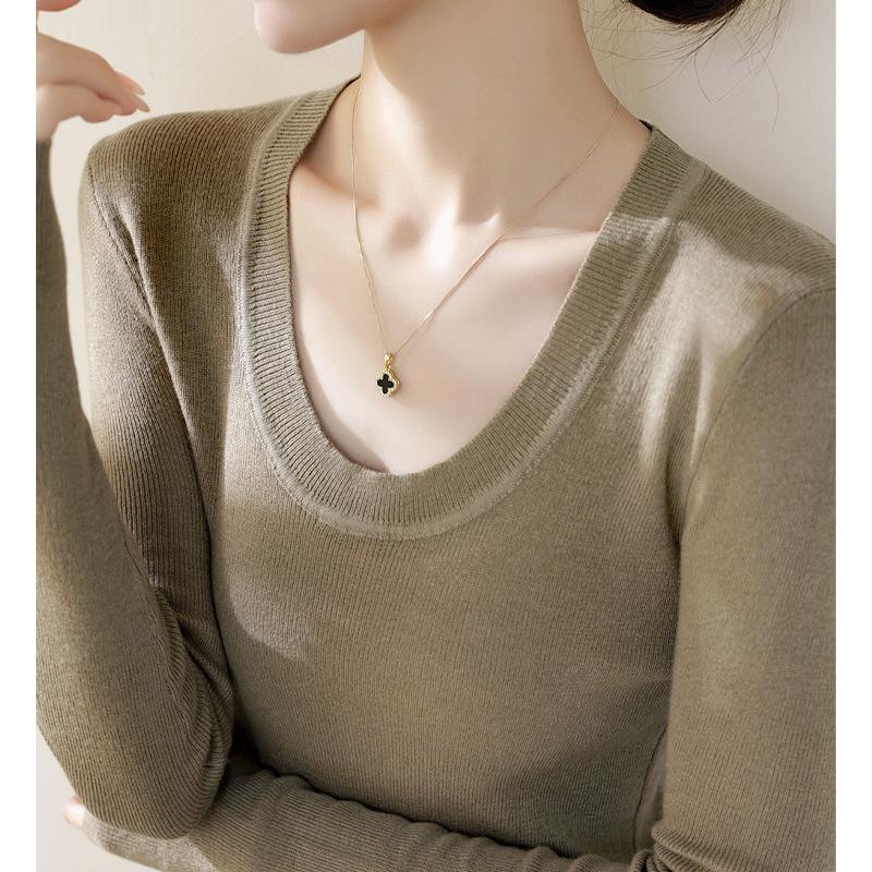 Solid color basic bottom top women's spring new U-neck slim-fitting long-sleeved T-shirt knitted sweater