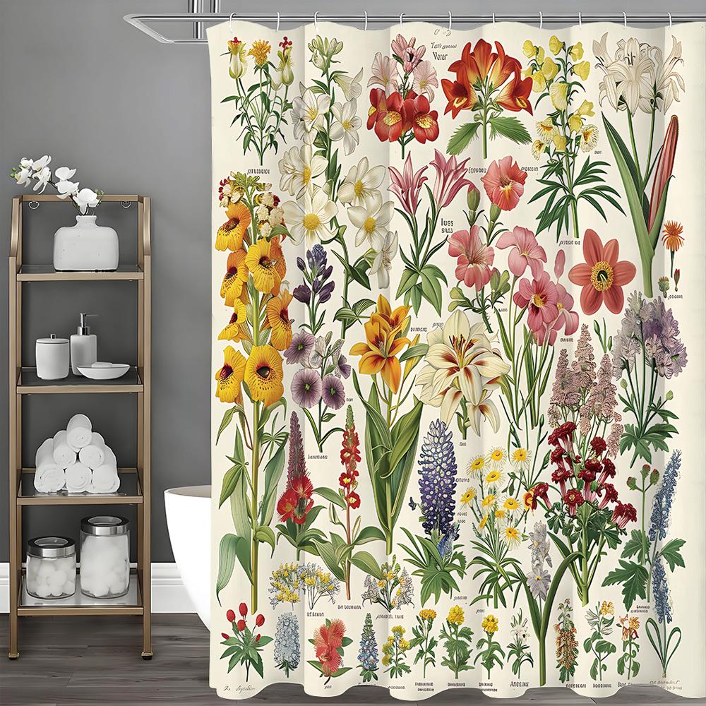 Vintage Botanical Print Floral Shower Curtain, Bathroom Decorative Shower Curtain, Waterproof Shower Curtain with Hooks