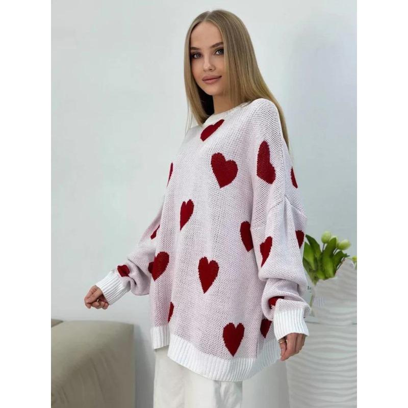 Womens Autumn and Winter Latest Love Print Comfortable Fit Leisure Commuter Style Off-shoulder Knitted Sweater for Women S