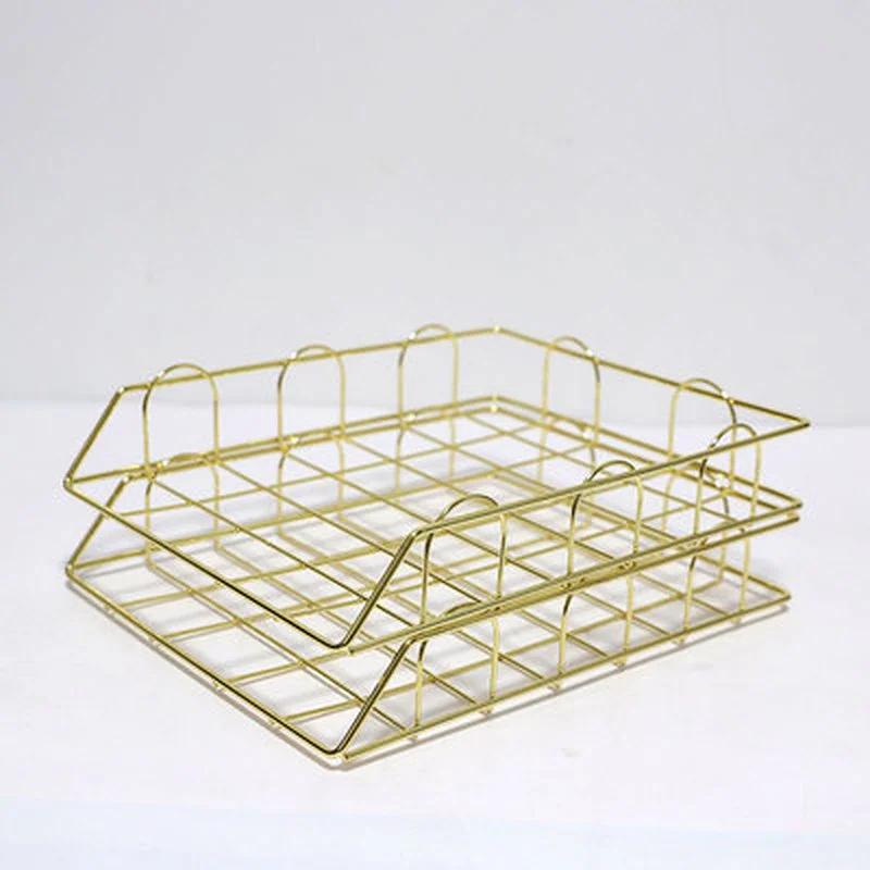 Rose Gold Metal Magazine Holder - Stackable Storage Basket for Office Desktop A4 Paper & Newspapers