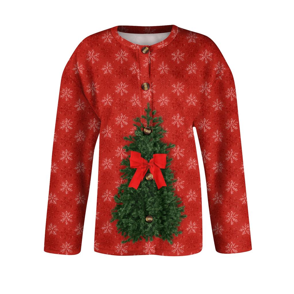 Women's Christmas Print Long Sleeve Knit Cardigan Button Front Sweater