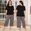 Plus Size Pajamas for Women 2 Piece Sleepwear Set Comfy V Neck Short Sleeve Shirt and Drawstring Long Pants Lounge Wear Home Sleeping Suites