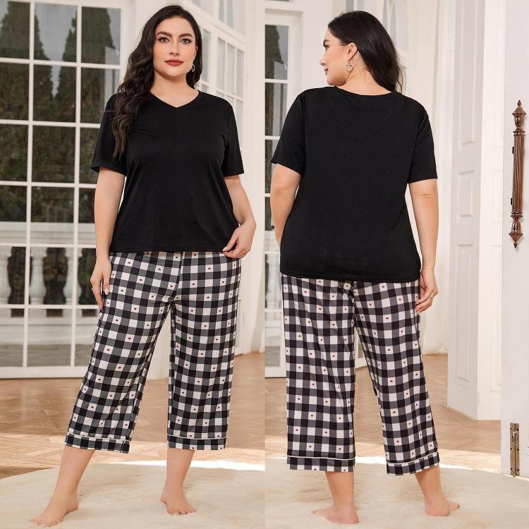 Plus Size Pajamas for Women 2 Piece Sleepwear Set Comfy V Neck Short Sleeve Shirt and Drawstring Long Pants Lounge Wear Home Sleeping Suites