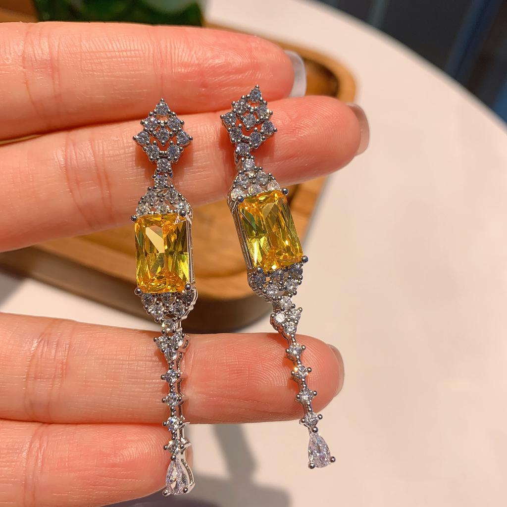S111 Silver Needle Earrings Colored Zircon Fringed Earrings European and American Paraiba Long Earrings