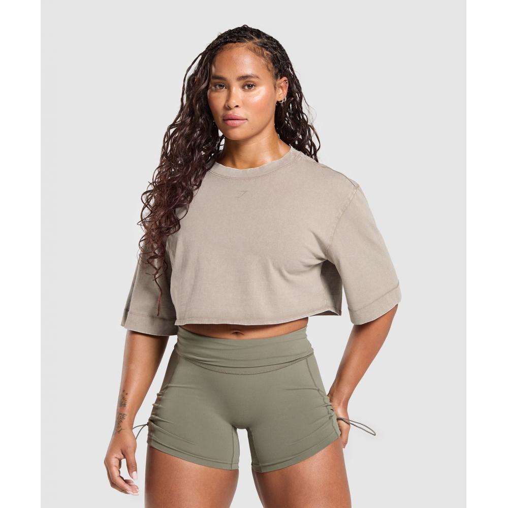 Gymshark Gslc Washed Graphic Crop Top Linen Brown B4b3c Nc2g