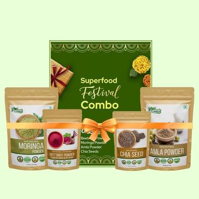Combo Superaliment Bio Zing pour Diwali | Moringa, Amla, Poudre de Betterave & Graines de Chia | Naturel, Végétal & Riche en Nutriments | Coffret Cadeau Superaliment Sain