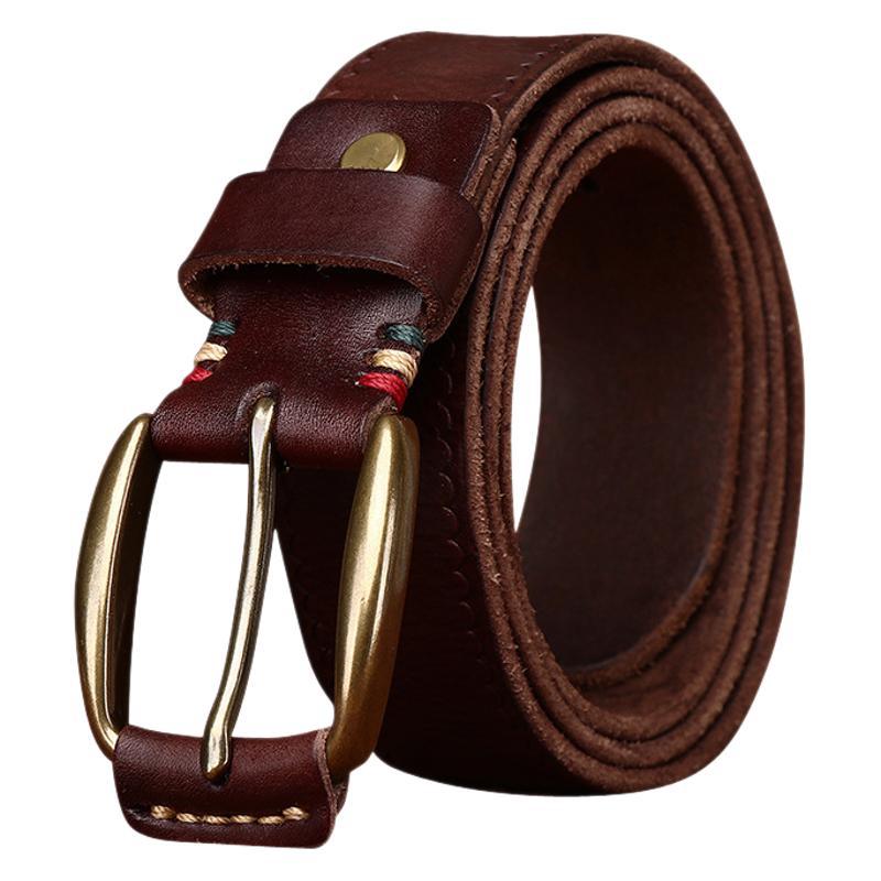 Retro Fashion Trend Versatile Copper Buckle Genuine Leather Belt Men'S First Layer Cowhide Old Pleated Jeans Belt Men'S