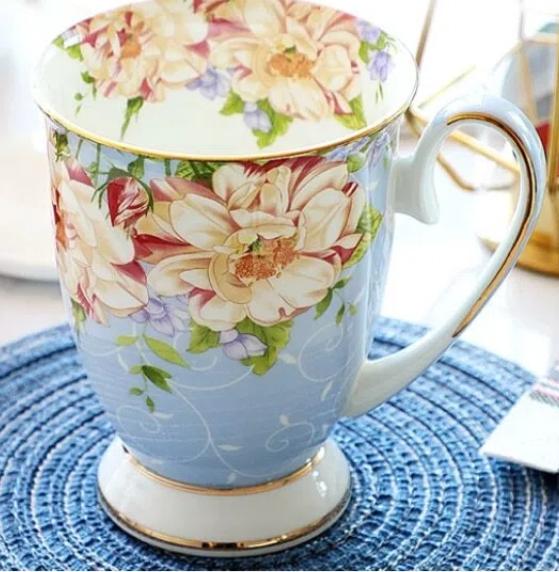 European Bone China Coffee Cup Set – Porcelain Cup, Saucer & Spoon Flowers Tea Set