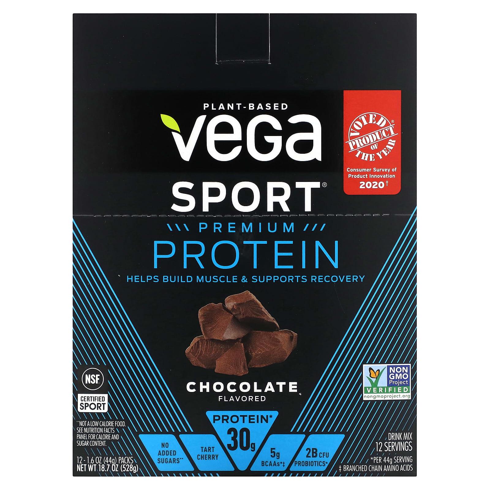 

Vega, Sport, Plant-Based Premium Protein, Chocolate Flavor, 12 Packs, 1.6 oz (44 g) Each