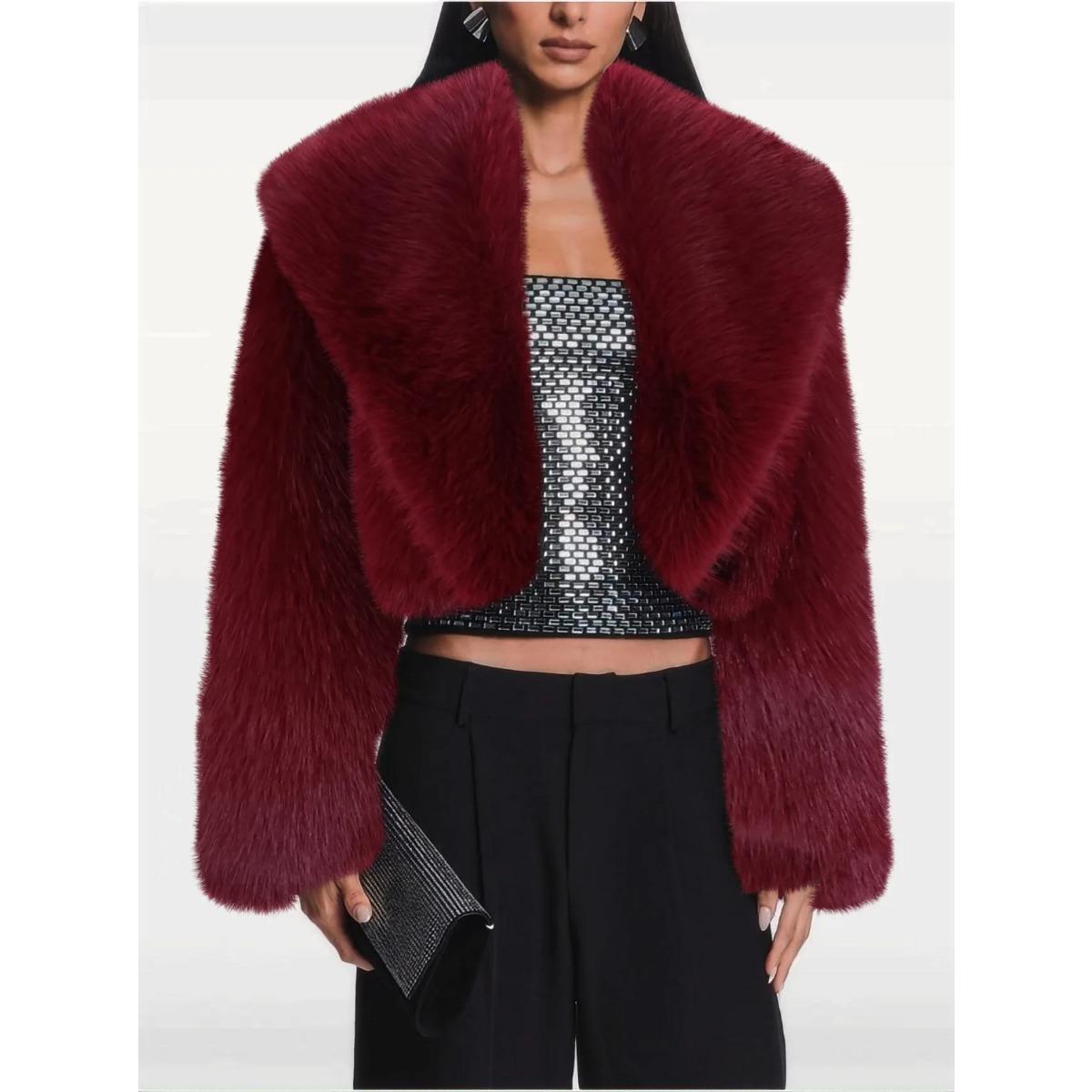 

Fashion High Street Y2k Cropped Jacket Fur Coats Women Autumn Winter Fluffy Faux Fur Coat Lapel Luxury Long Sleeve Short Coat S вина червоного кольору