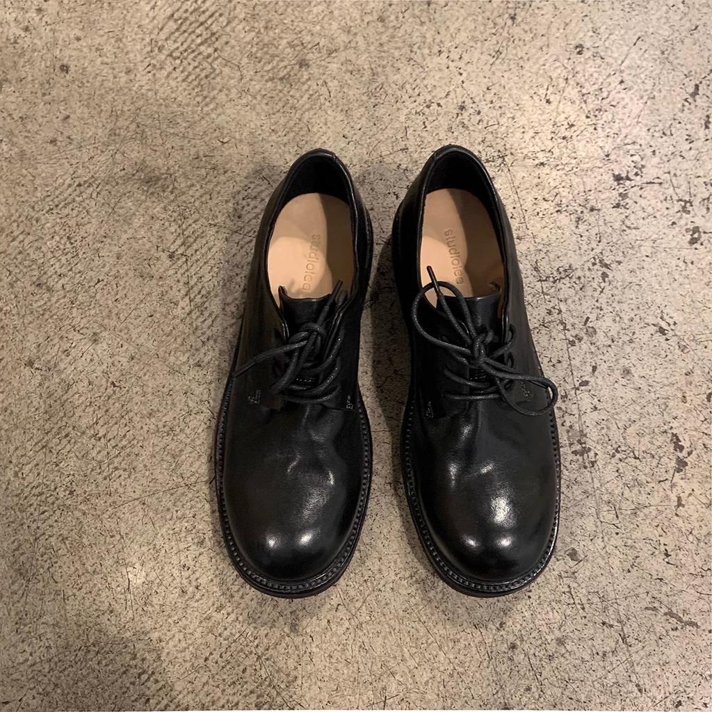 Cowhide Version Washed Shrinkage Leather Texture Derby Single Shoes Lace-up Small Leather Shoes Women's