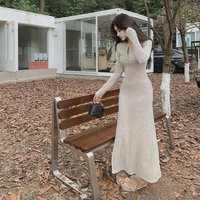 "Vestido de Suéter de Punto de Estilo Francés para Mujer 2025": Falda Larga Slim de Otoño/Invierno con Abrigo para Fondo"