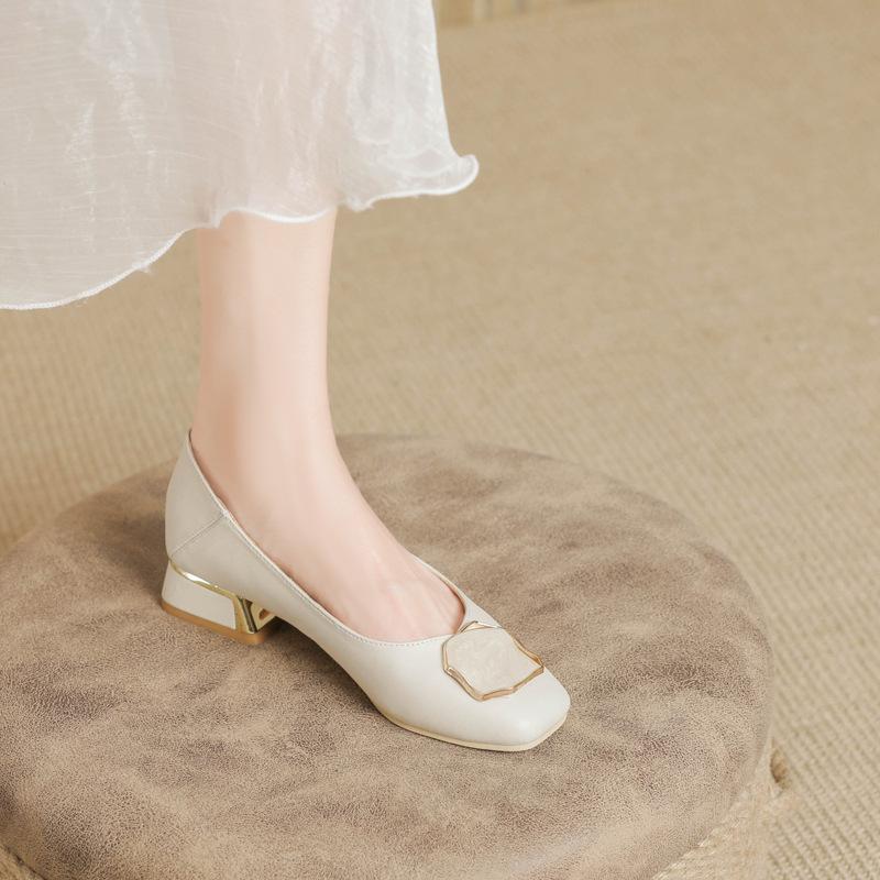Low-heeled Work Professional Leather Shoes Flat-bottomed Shallow-mouth Thick-heeled Single Shoes Temperament All-match High-heeled Shoes