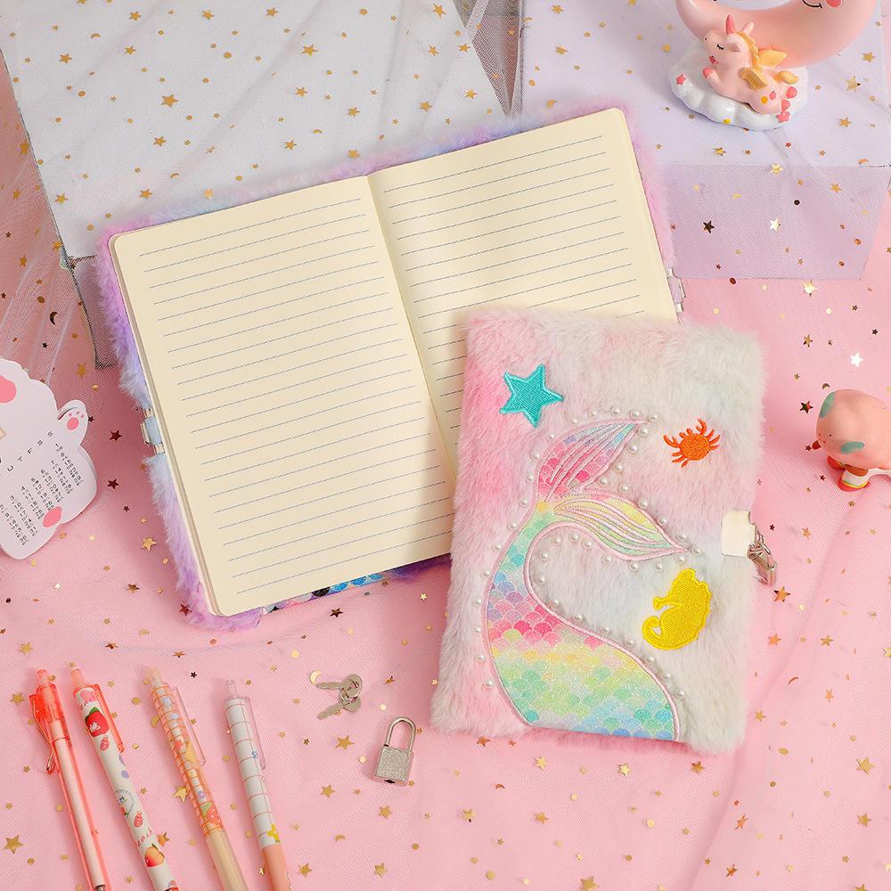 SYC Plush Mermaid Fluffy Paper Cover Notebooks Kids Custom Diary with Padlock for Children Journal Set 80 Sheets