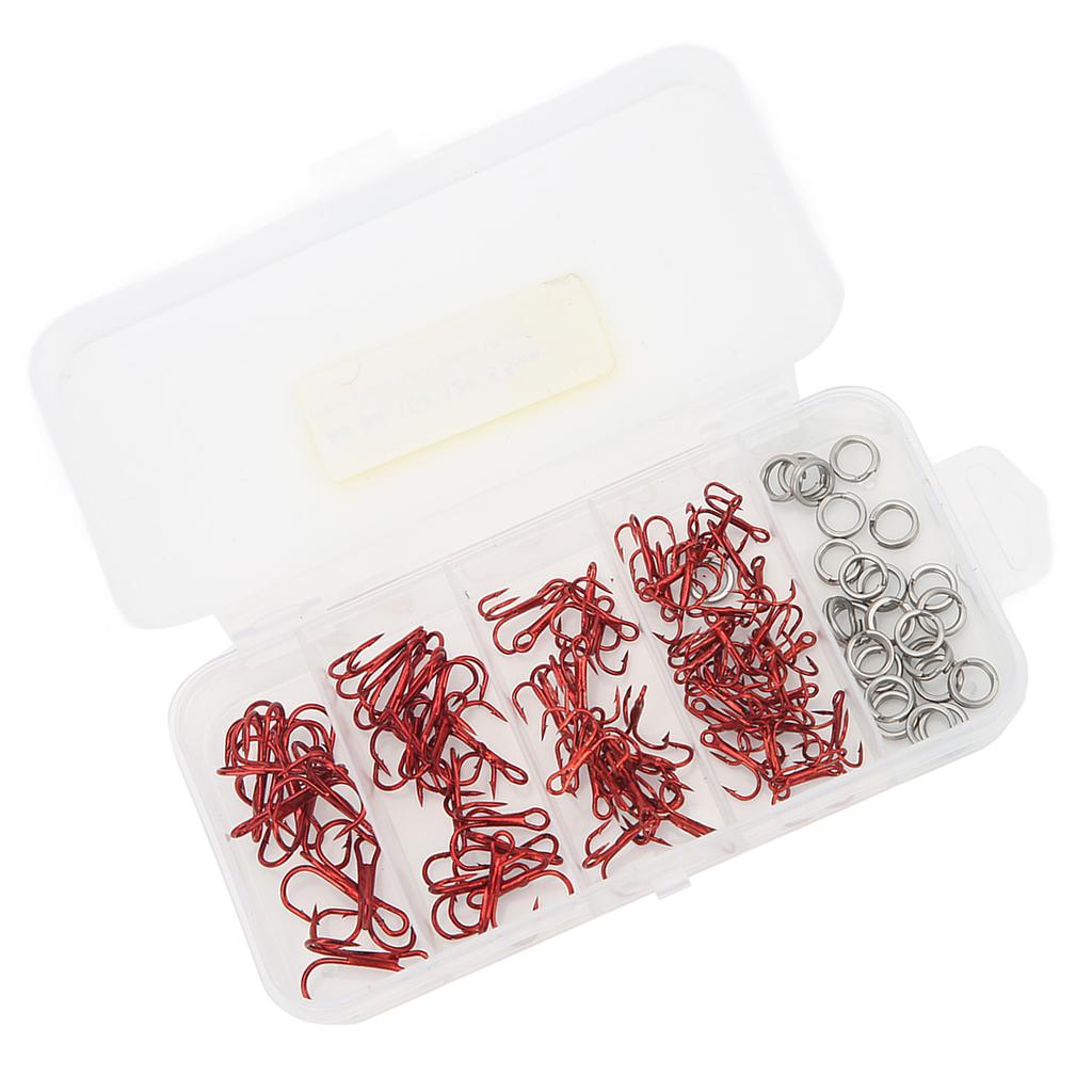 100pcs Treble Fishing Hooks and Double Ring High Carbon Steel Triple Barbed Hook Fishing Accessories with Storage Box