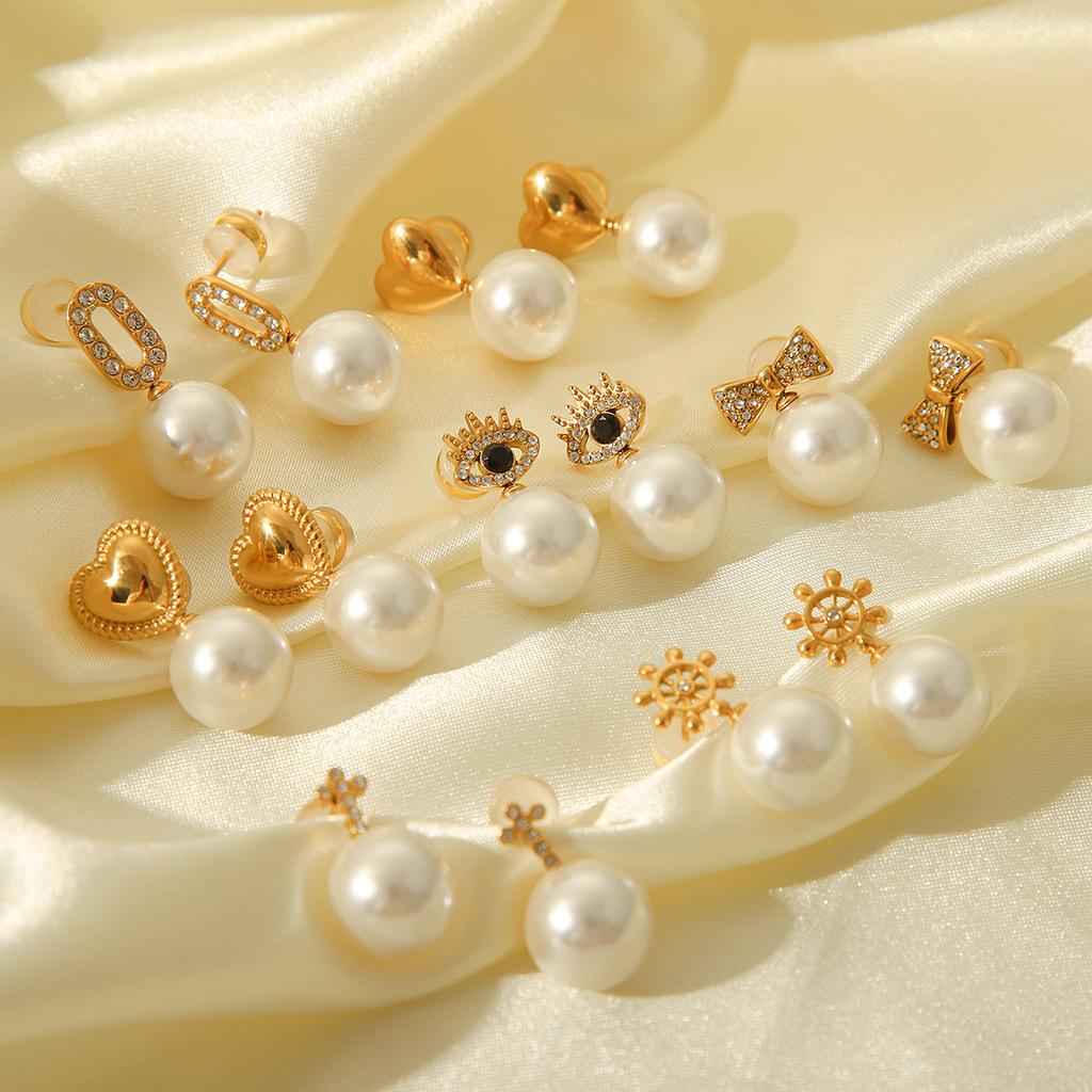 Vintage Pearl Earrings With Bow Heart Shape And Crystal Rhinestones Fashion Dangle Earrings For Women