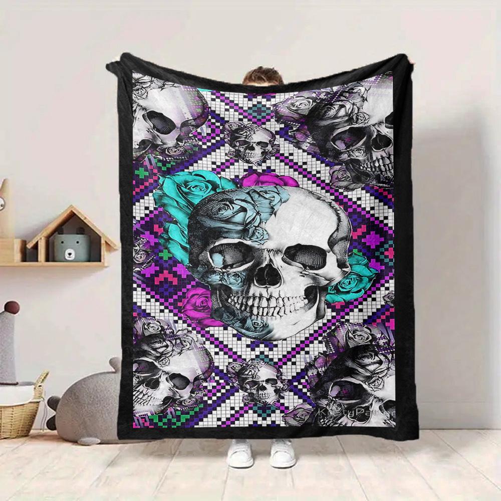 1pc Skull Roses Blanket Lightweight Blanket Throw Blanket For Sofa, Bed, Travel, Camping, Livingroom, Office, Couch, Chair yy251010059