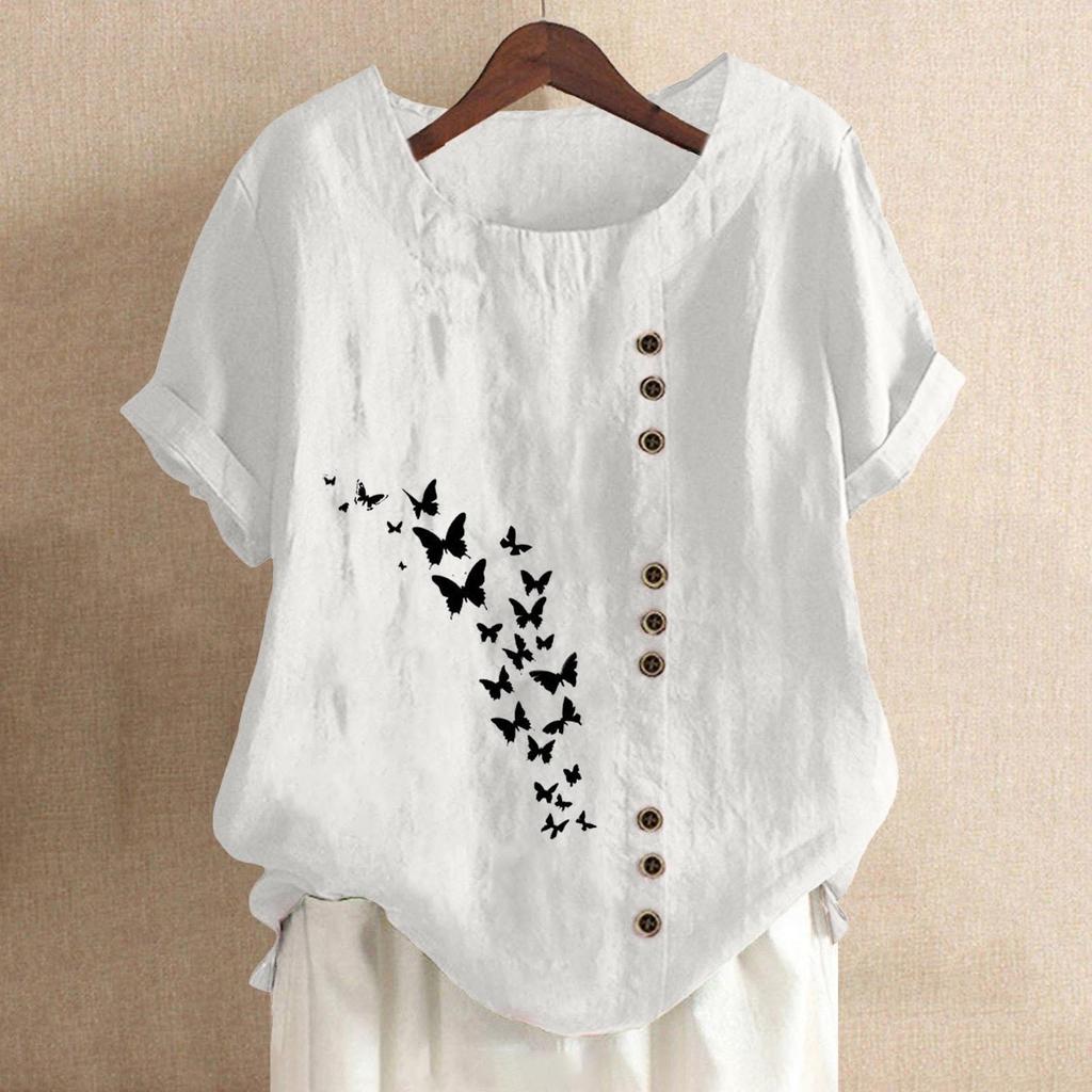 Women's Fashion Casual Round Neck Short Sleeve Cotton And Linen Printed T-shirt Top