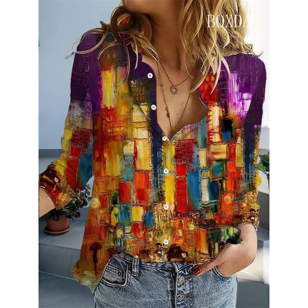 Women's Tie Dye Print Blouse Spring Autumn Fashion Graffiti Lapel Button Down Shirt Casual Long Sleeve Shirt Cardigan Top Ladies