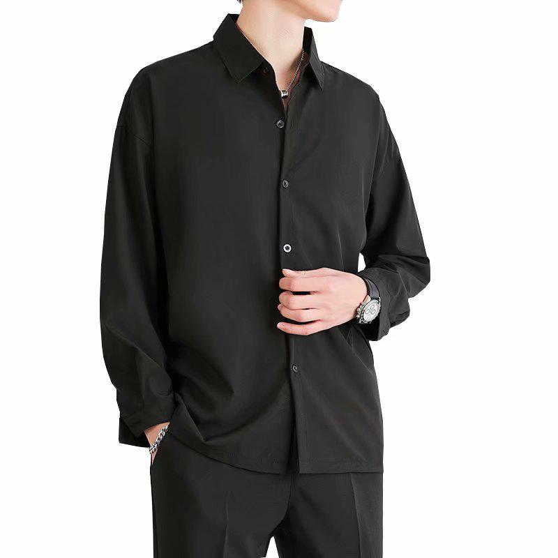 Men's Summer Ice Silk Long Sleeve Black & Gray Casual Shirt - Wrinkle-Free, Loose Fit