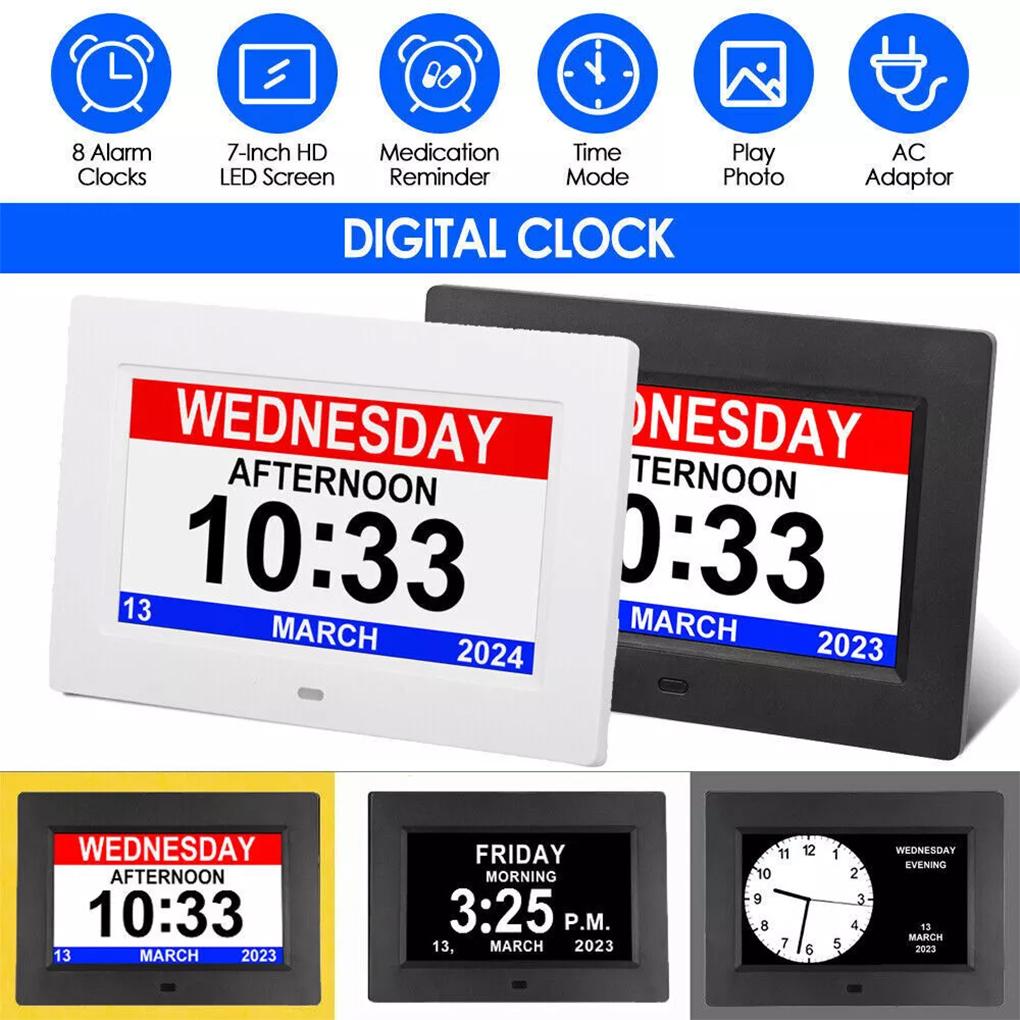 7inch Digital Calendar Alarm Clock Automatic Dimming 8 Languages Large Dementia Alzheimers Medicine Time Reminder for the Elders